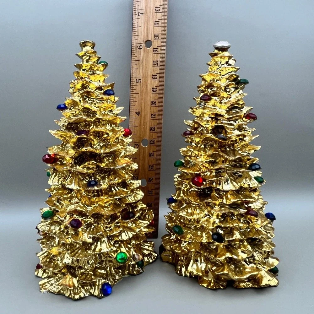 Vtg‎ 1994 Enesco Gold Heavy Jeweled Christmas Tree Tabletop Set of 2 6